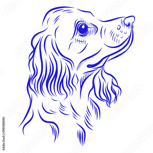 Hand drawn vector illustration of an adult dog s emotions, dog portrait, blue line art on a white background