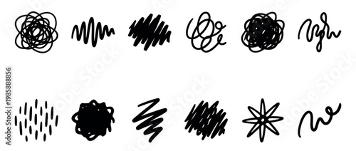 Hand-drawn doodle elements collection featuring various abstract scribbles, squiggles, and wavy lines, perfect for creative design projects.