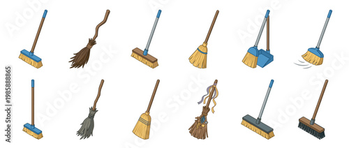 Collection of various cleaning brooms and brushes, including traditional straw brooms, modern plastic brooms, and a witch's broom, for household chores.