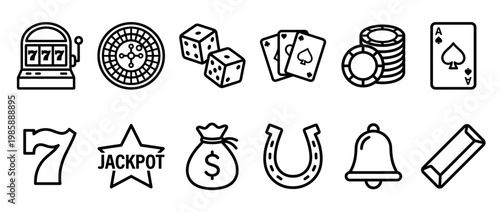 Collection of gambling symbols including slot machine, roulette wheel, playing cards, poker chips, dice, and lucky charms.