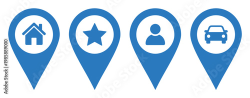 Map pins icons featuring home, favorite, user, and car symbols for navigation, address, and point of interest identification.