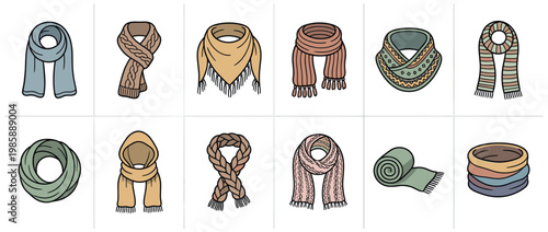 Assortment of stylish scarves in various shapes, textures, and colors, perfect for cold weather and fashion.