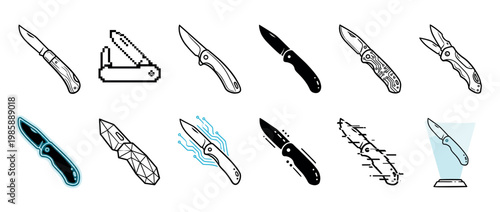 Folding knives collection featuring various modern and digital art styles including pixel, geometric, circuit, neon, and glitch designs.