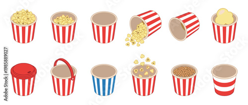 Isometric illustration set of various popcorn containers including full buckets, empty cups, and spilling popcorn kernels, perfect for cinema snack concepts.