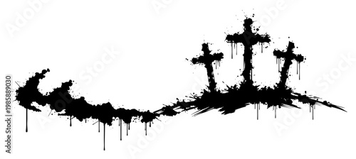 Three christian crosses on Calvary hill with ink splatters in grunge style