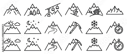 Mountain icons set featuring various outdoor activities and natural elements like trees, sun, moon, ski lift, and compass in a minimalist line art style.