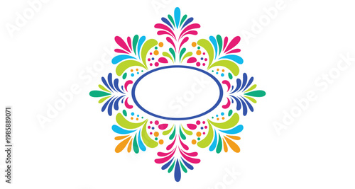Colorful floral ornament with oval frame in center on white background