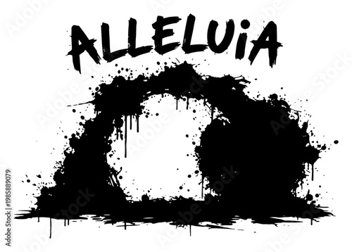 Empty tomb of Jesus resurrection scene with Alleluia text and artistic ink splatters in grunge style