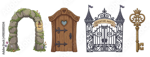 Fantasy archway, wooden door, iron gate, and golden key vector illustration set for magical adventure concepts and fairy tale stories.