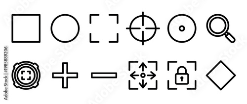 User interface icons, camera controls, and basic geometric shapes are presented as a collection of outline vector symbols for digital design.