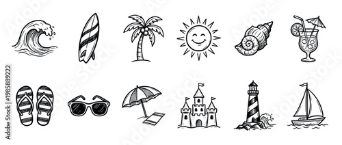 Summer beach vacation travel doodle icons representing various elements of a tropical holiday in a hand-drawn sketch style.