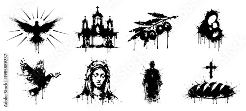 Christian religious symbols collection in messy ink splatter grunge style