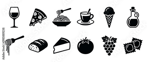 Italian food and drink icons set featuring various delicious dishes and beverages, perfect for restaurant menus or culinary designs.