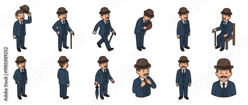 Vintage gentleman character in various poses wearing a suit and bowler hat, depicted in an isometric cartoon style illustration.
