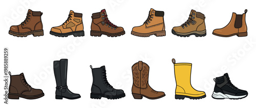 Diverse collection of boots showcasing different types of footwear like work boots, hiking boots, cowboy boots, and rain boots.