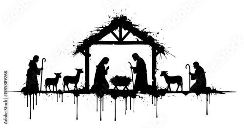 Christmas nativity scene silhouette with holy family in grunge ink splatter style