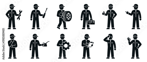 Mechanic icons set showing various poses and actions related to automotive repair and service industry tasks and maintenance work.