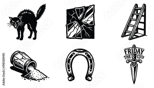 Vintage superstition icons for mystical folklore and traditional occult design themes