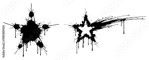 Star shapes with heavy ink splatters and dripping liquid in artistic grunge style