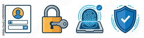 Security and authentication icons set featuring login form, padlock with key, fingerprint scanner, and protective shield symbol for digital safety.