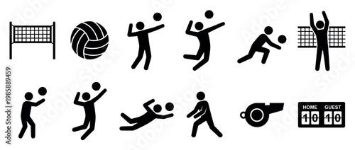 Volleyball icons set with players, net, ball, whistle, and scoreboard depicting various actions and equipment for the sport.