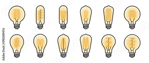 Vintage light bulbs with glowing filaments in various shapes and sizes, representing creativity and innovative ideas.