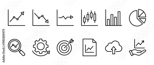 Business data analytics charts graphs technology vector icon set representing financial growth, market trends, strategic planning, and digital information management.