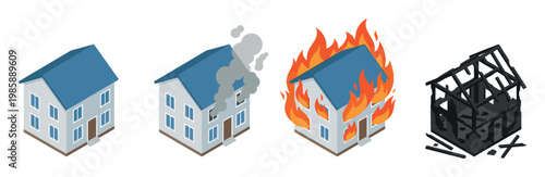 House fire destruction process illustration showing a building from initial smoke to being completely burnt down.