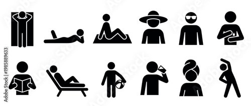 People stick figures engaging in various summer leisure activities like sunbathing, reading, stretching, and relaxing on vacation
