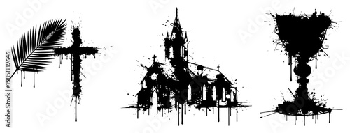 Christian religious symbols set with cross church and chalice in ink splatter style