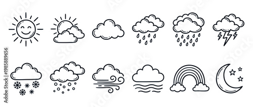 Weather icons doodle style collection featuring various meteorological symbols like sun, clouds, rain, snow, wind, rainbow, and moon.