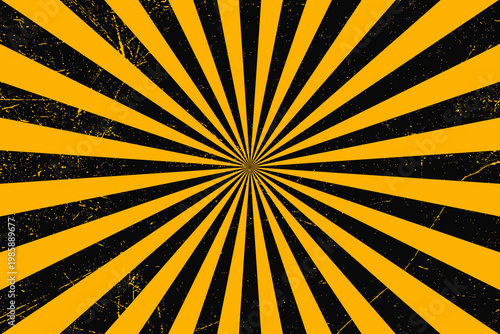 Abstract grunge yellow and black radial sunburst background with distressed