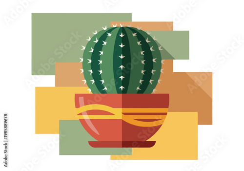 Stylized Flat Design Cactus Illustration in Pot with Geometric Background