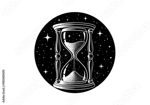 Cosmic Hourglass Engraving Symbolizing Time and Eternity in a Starry Night Sky Circular Frame