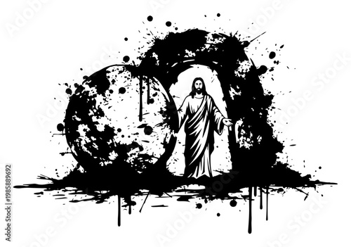 Resurrection of Jesus Christ at the empty tomb in ink splatter style