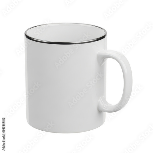 Simple ceramic mug with a white exterior and subtle rim detailing isolated on white background
