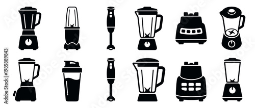 Blender icons set featuring various kitchen appliances for mixing, blending, and food preparation, including immersion and stand models.