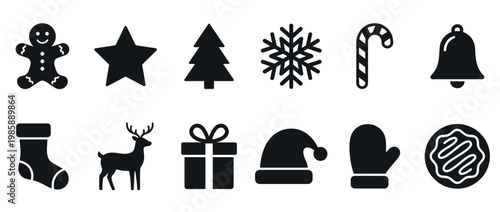 Christmas icons set of festive holiday symbols, perfect for winter designs, seasonal greetings, and celebration graphics.