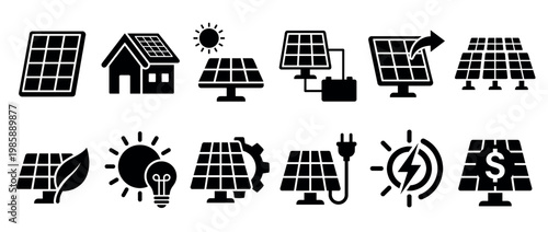 Solar energy icons set illustrating various aspects of sustainable power generation and green technology solutions for a cleaner future.