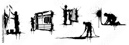 Construction workers silhouettes performing renovation tasks with ink splatters in grunge style