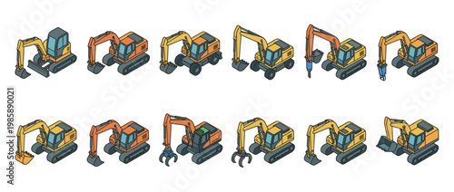 Isometric illustrations of various excavators, including tracked and wheeled models with different attachments, for construction and earthmoving projects.