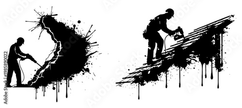 Construction laborers using jackhammer and power tools with artistic ink splatters and paint drips