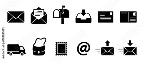 Mail messaging delivery communication icons set featuring various postal and digital symbols for modern web and app design projects.