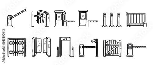 Security and access control elements doodle set featuring various gates, barriers, turnstiles, and detectors for entry management.