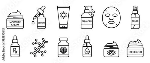 Skincare products and cosmetic items represented as a collection of line art icons for beauty and dermatology concepts.