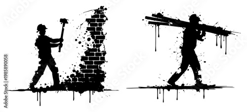 Construction workers breaking wall and carrying planks with artistic ink splatters and paint drips