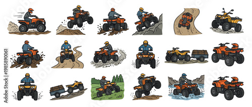 All-terrain vehicles driven by people on various outdoor adventures, navigating diverse landscapes and challenging terrains.
