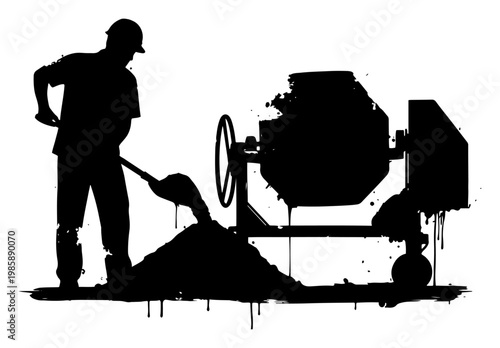 Construction worker using shovel and cement mixer in ink splatter style