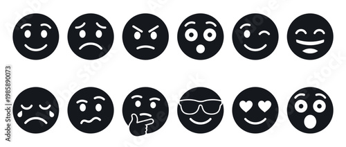 Collection of diverse emoji icons illustrating various human emotions and facial expressions for digital communication and messaging.