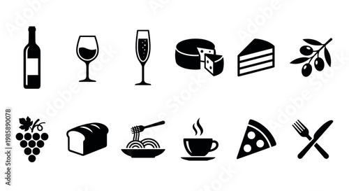 Collection of various food and drink icons representing common culinary items and beverages for menus, apps, and web design.